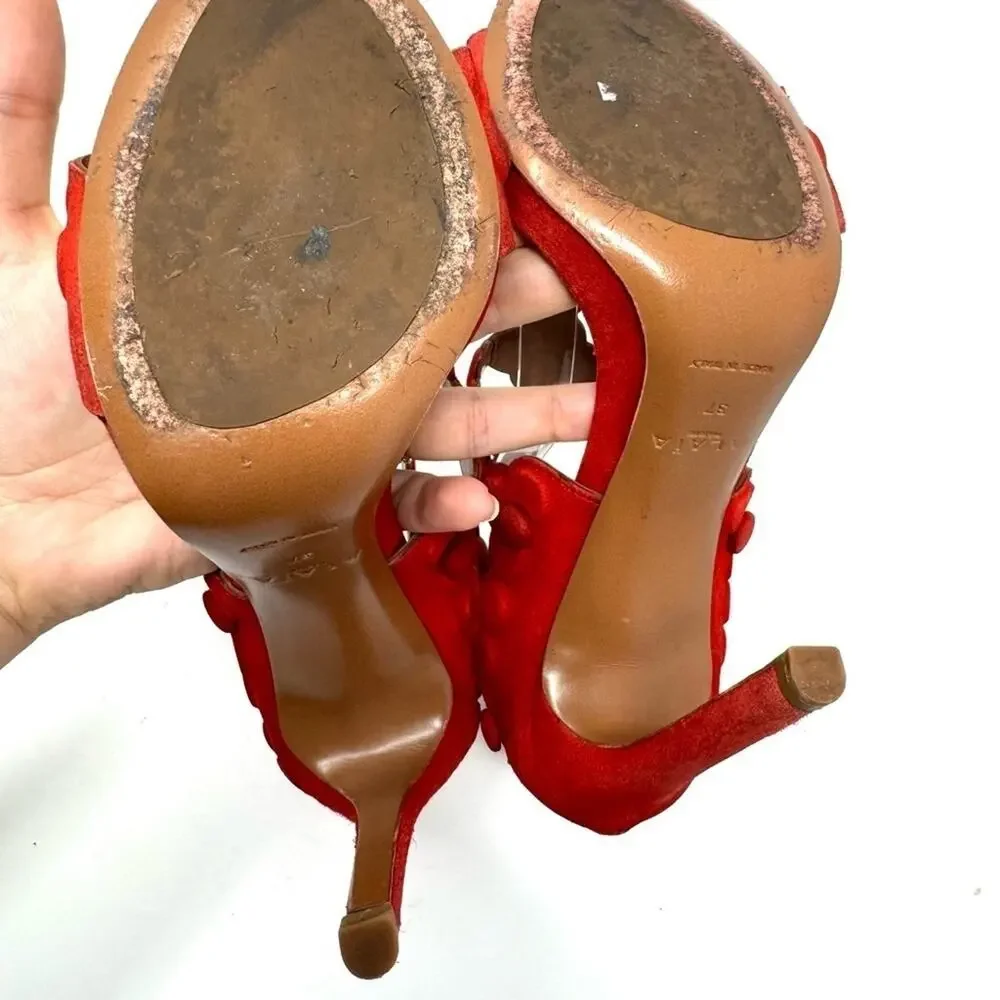 Alaia La Bombe T‑Strap Red Suede Pumps Floral Heels Size 37 / US 7
